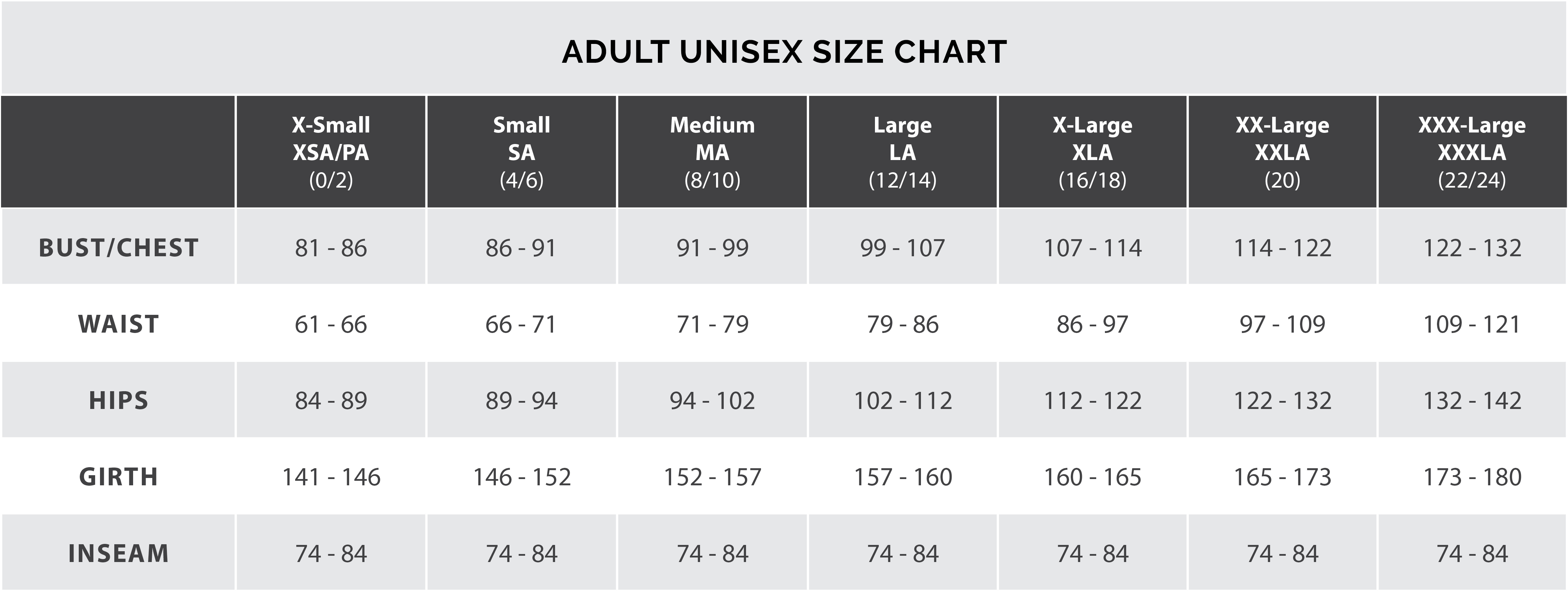 adult unisex size chart centimeters