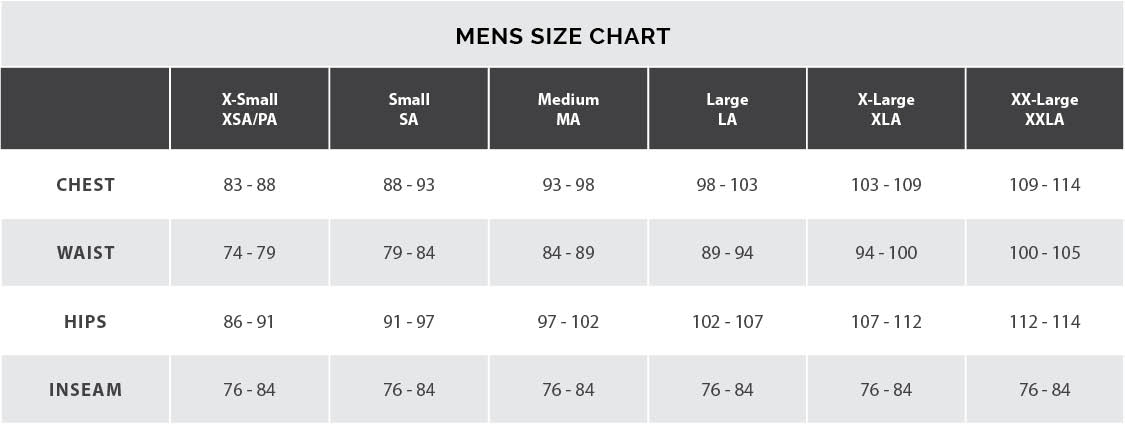 adult men size chart centimeters