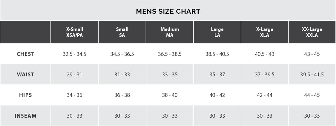 adult men size chart inches