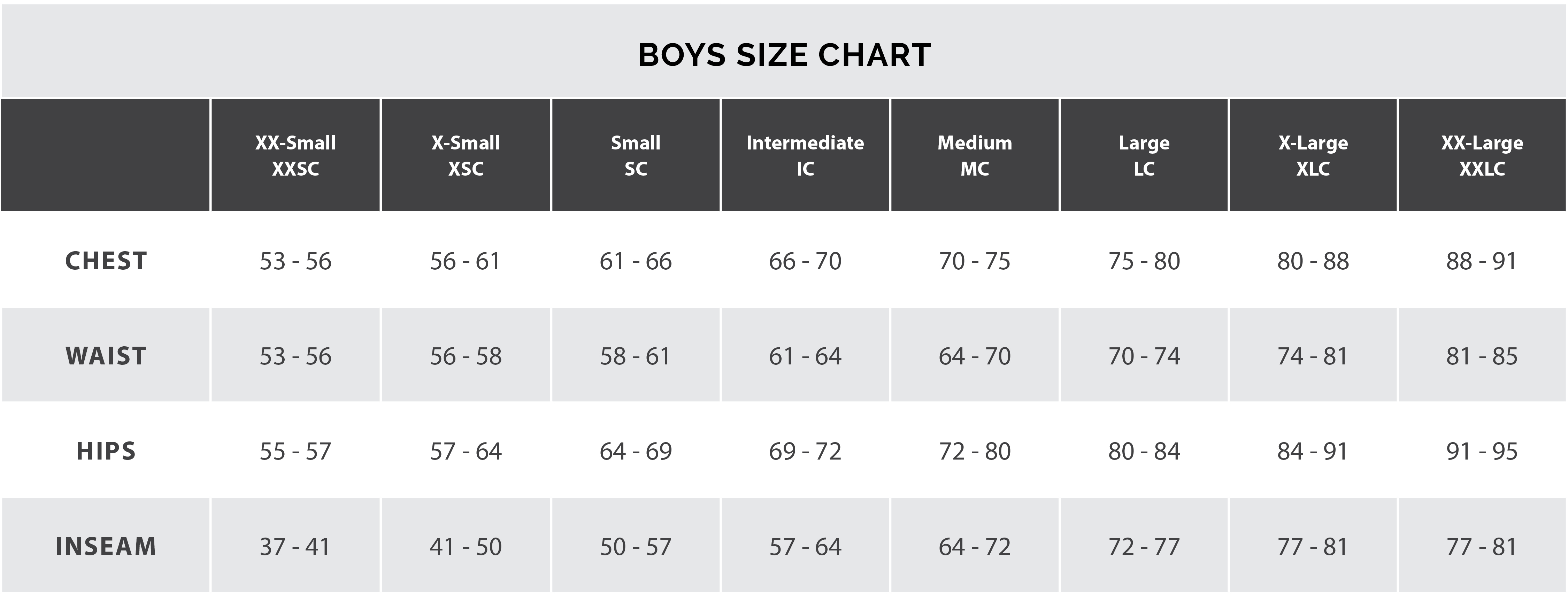 child boys size chart centimeters