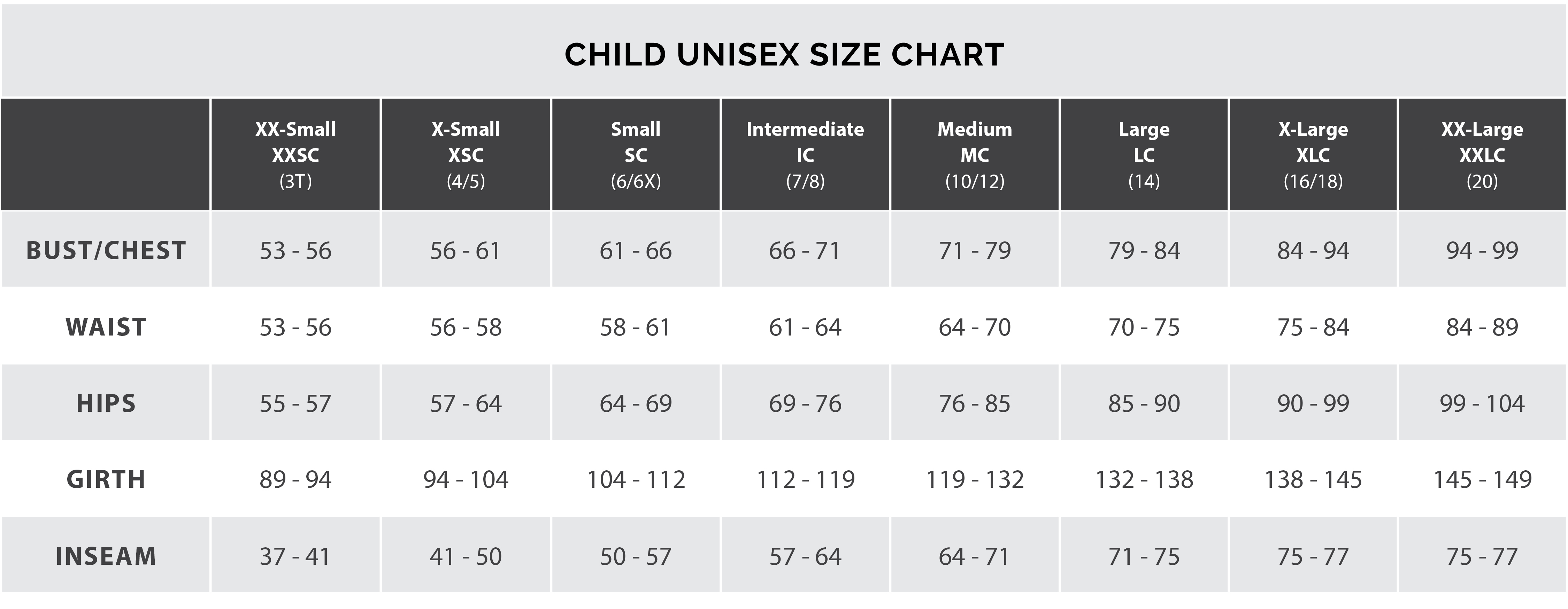 child unisex size chart inches