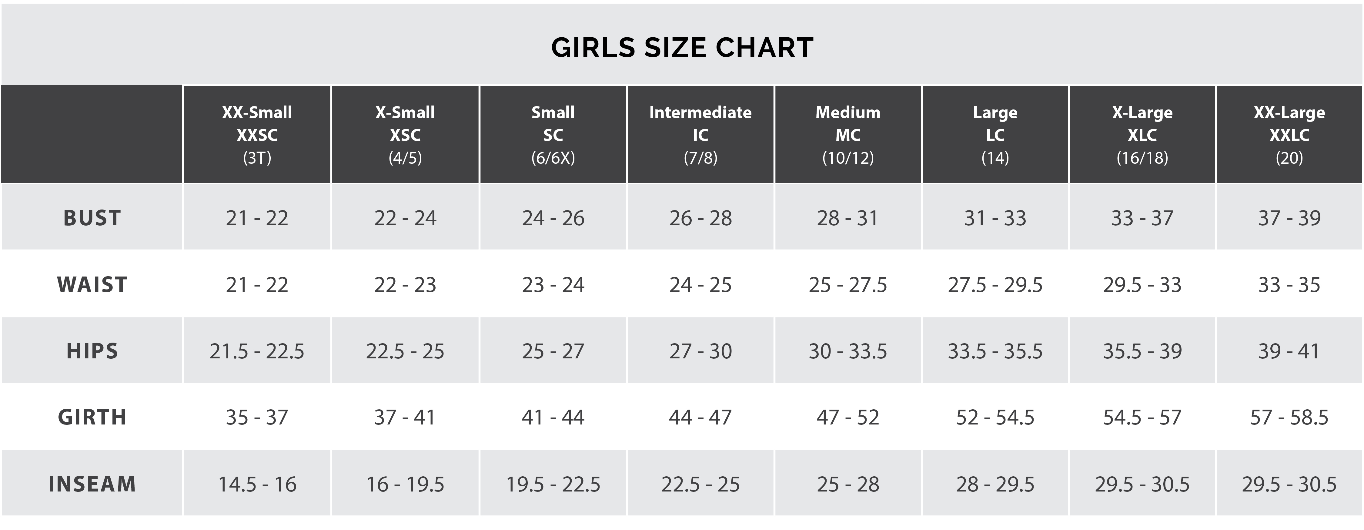 child girls size chart inches