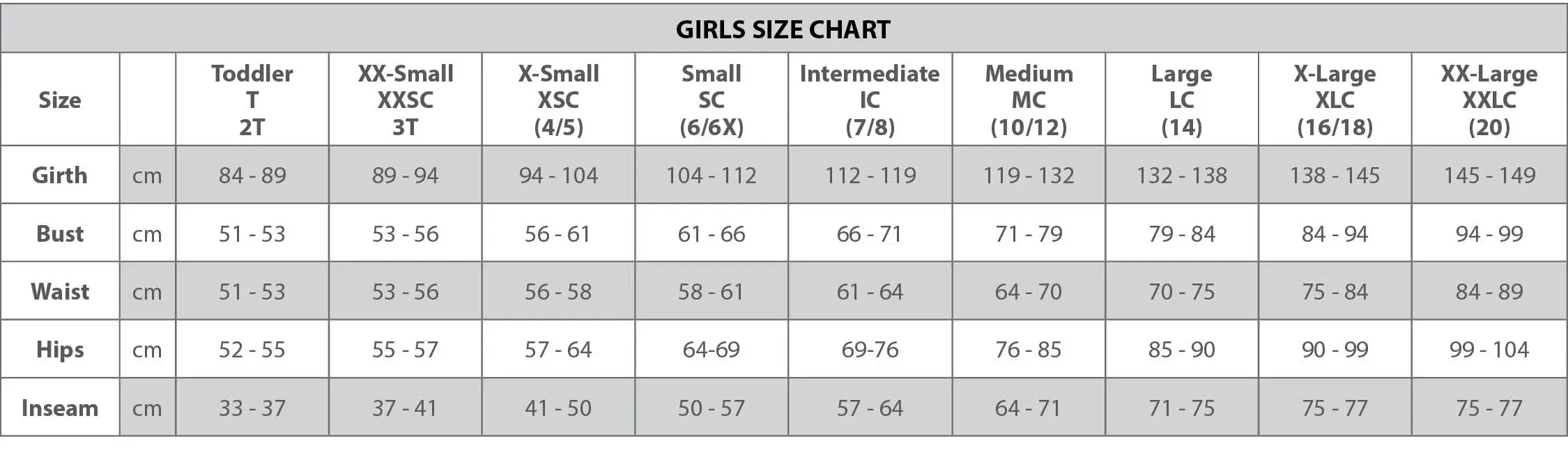 Size Charts | Dancewear Solutions